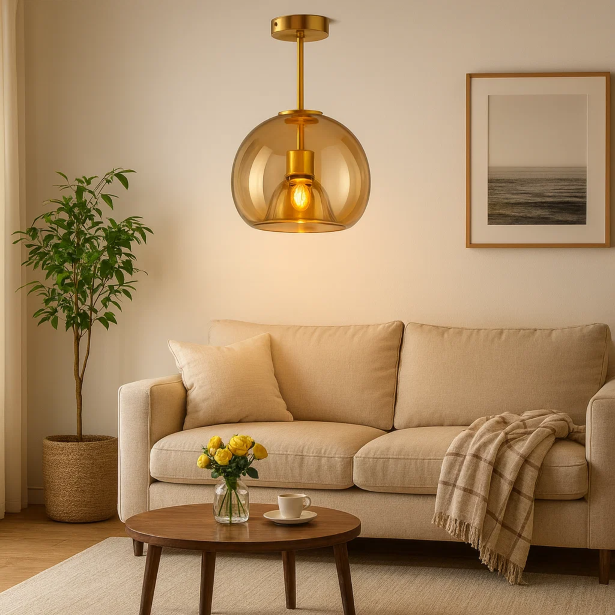 Mid-century stil glasloftlampe med stemningsfuldt lys