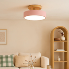 Scandinavian Ceiling Lamp with Low Iron Base and Wooden Drum Shade