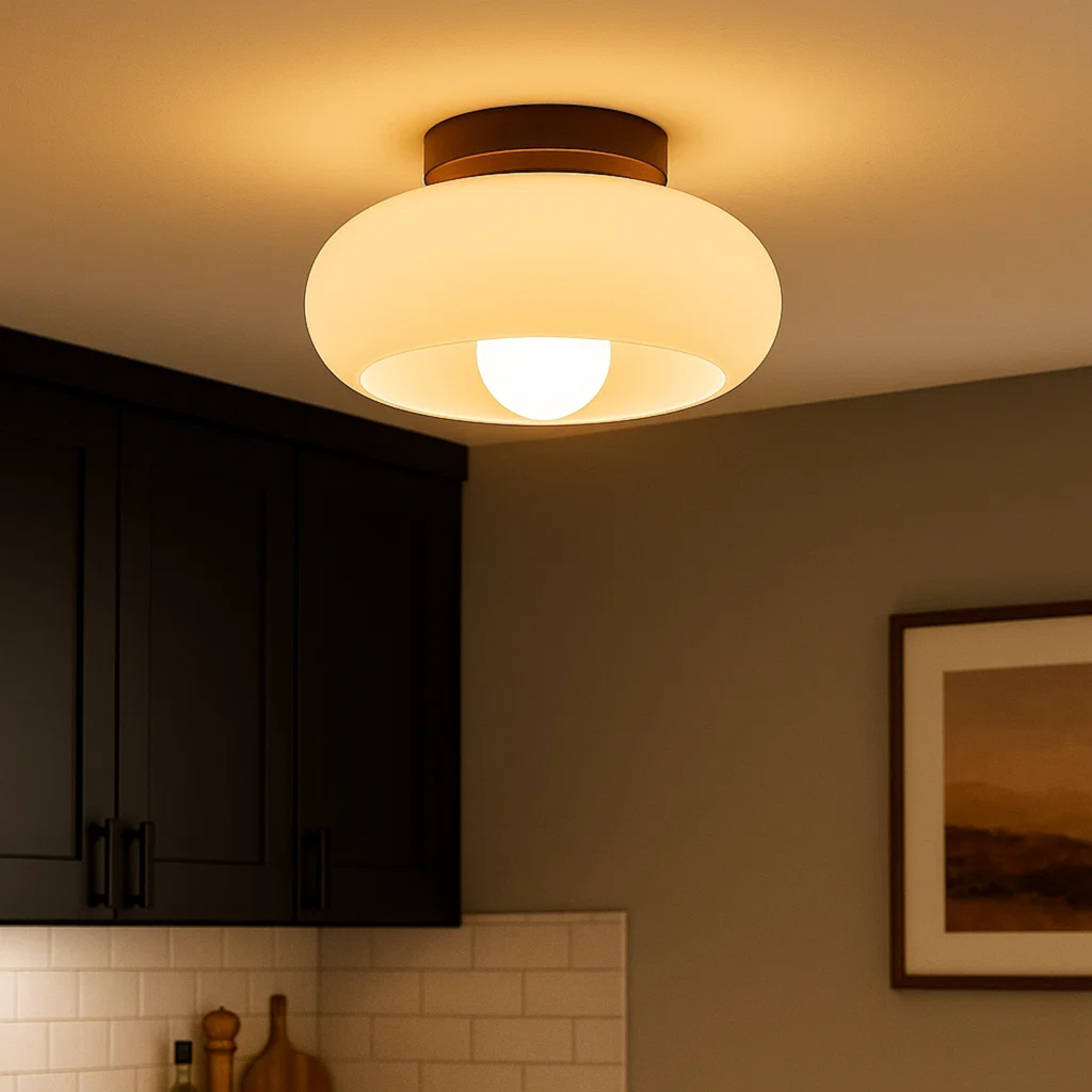 Plafondlamp met gekleurd glas en houtaccent