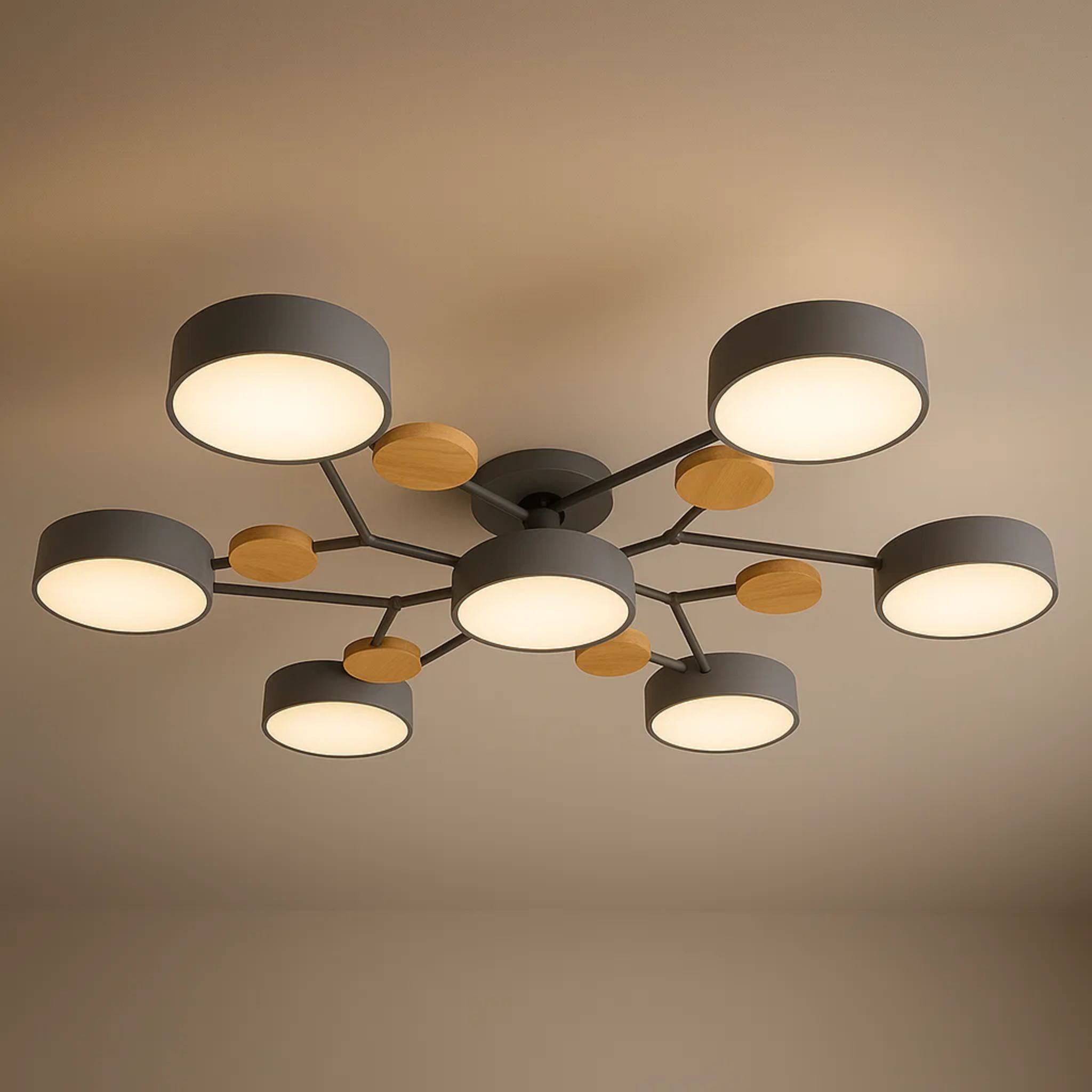 Moderne loftlampe med runde skiver og subtilt trælook