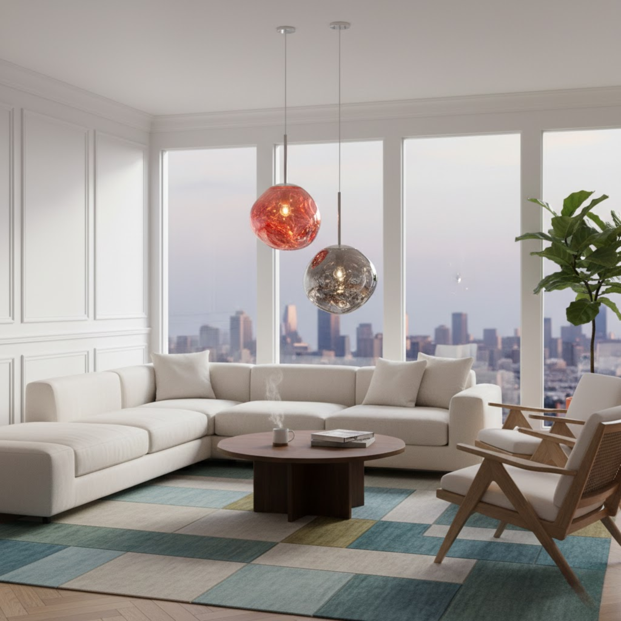 Mid-century hanglamp met organisch gevormde glaskap in meerdere kleuren