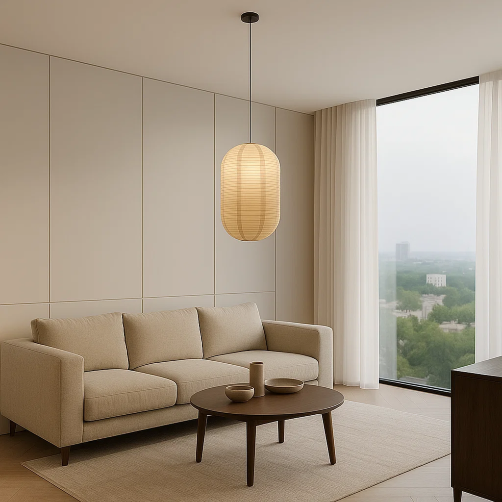 Japandi hanglamp met papieren lantaarnkap