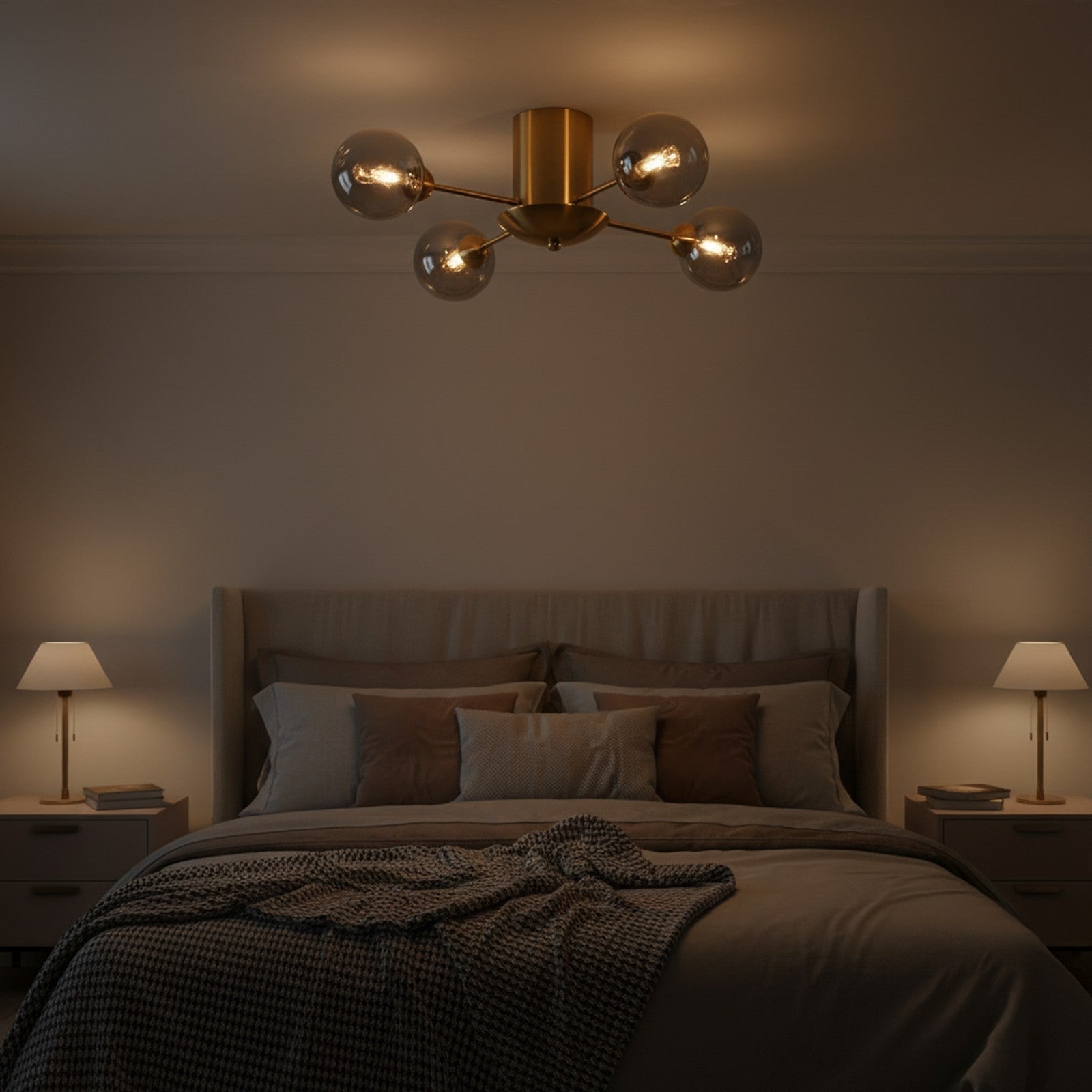 4 Light Smoke Gray Sputnik Flush Mount in bedroom