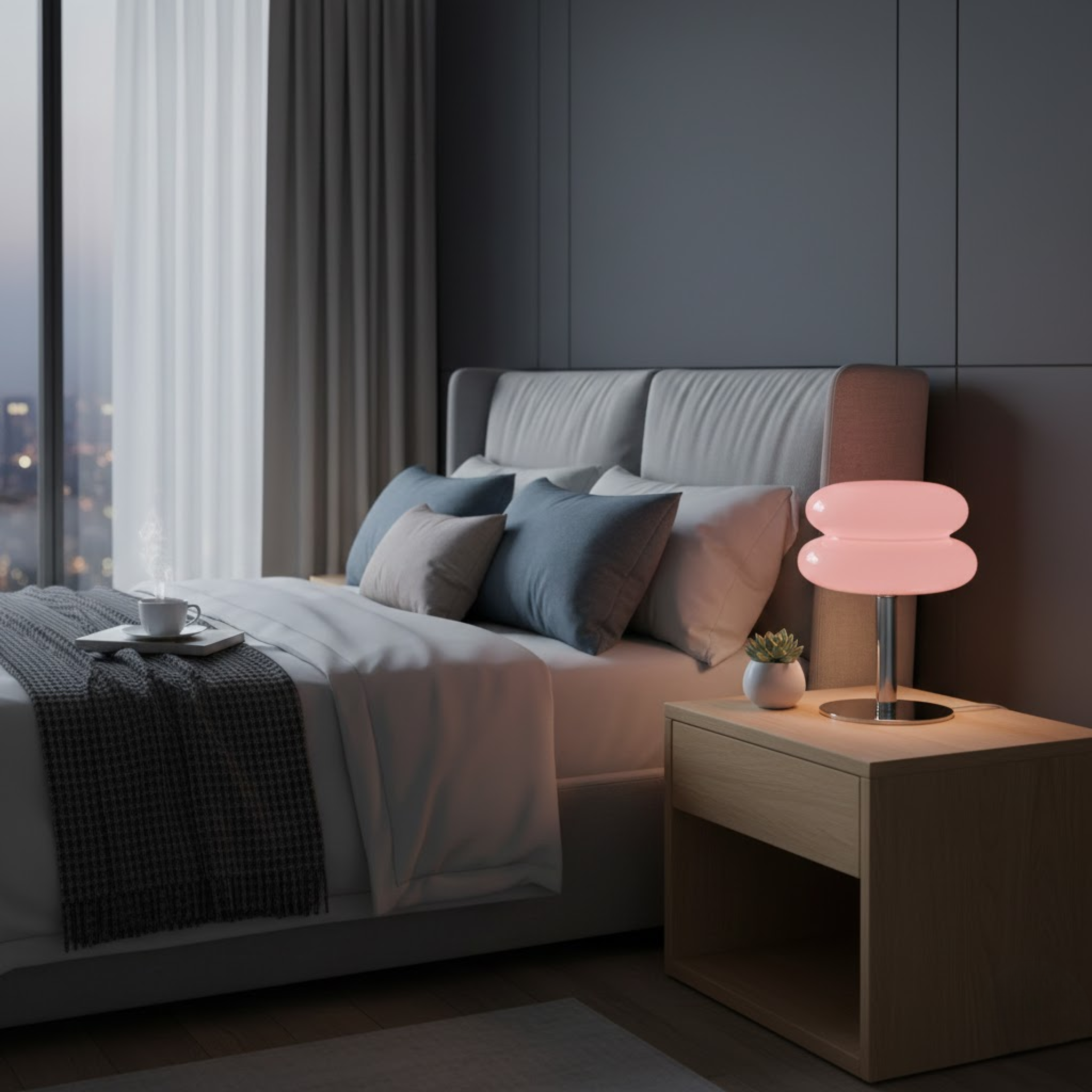 Retro tafellamp met ronde, tweedelige glazen kap