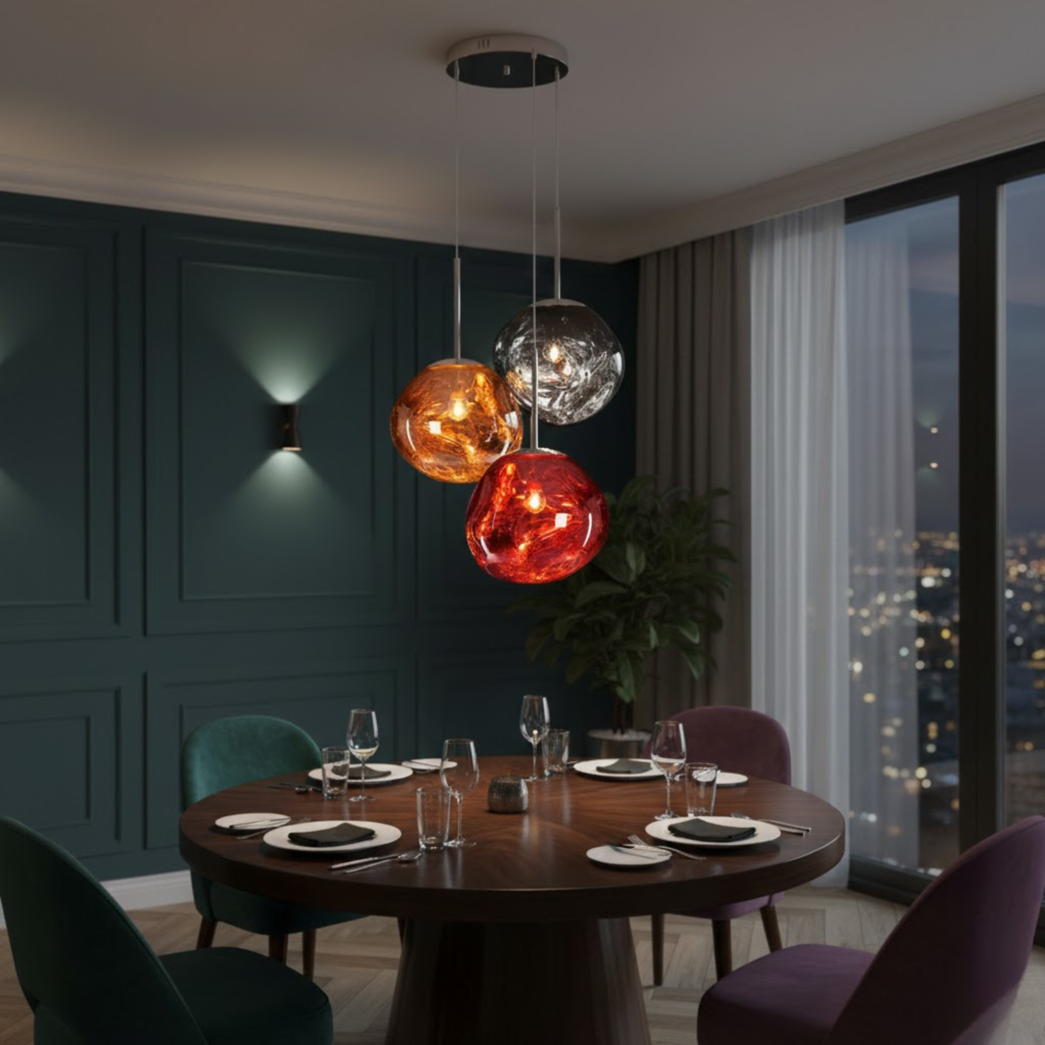 Mid-century hanglamp met organisch gevormde glaskap in meerdere kleuren