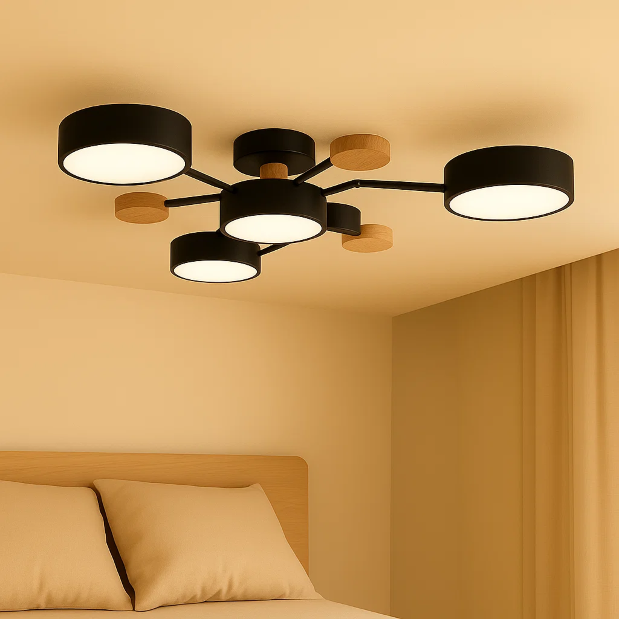 Moderne loftlampe med runde skiver og subtilt trælook