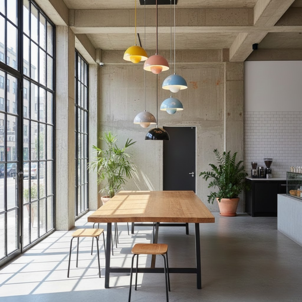 Scandinavische hanglamp met ronde kap in meerdere kleuren