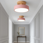 Scandinavian Ceiling Lamp with Low Iron Base and Wooden Drum Shade