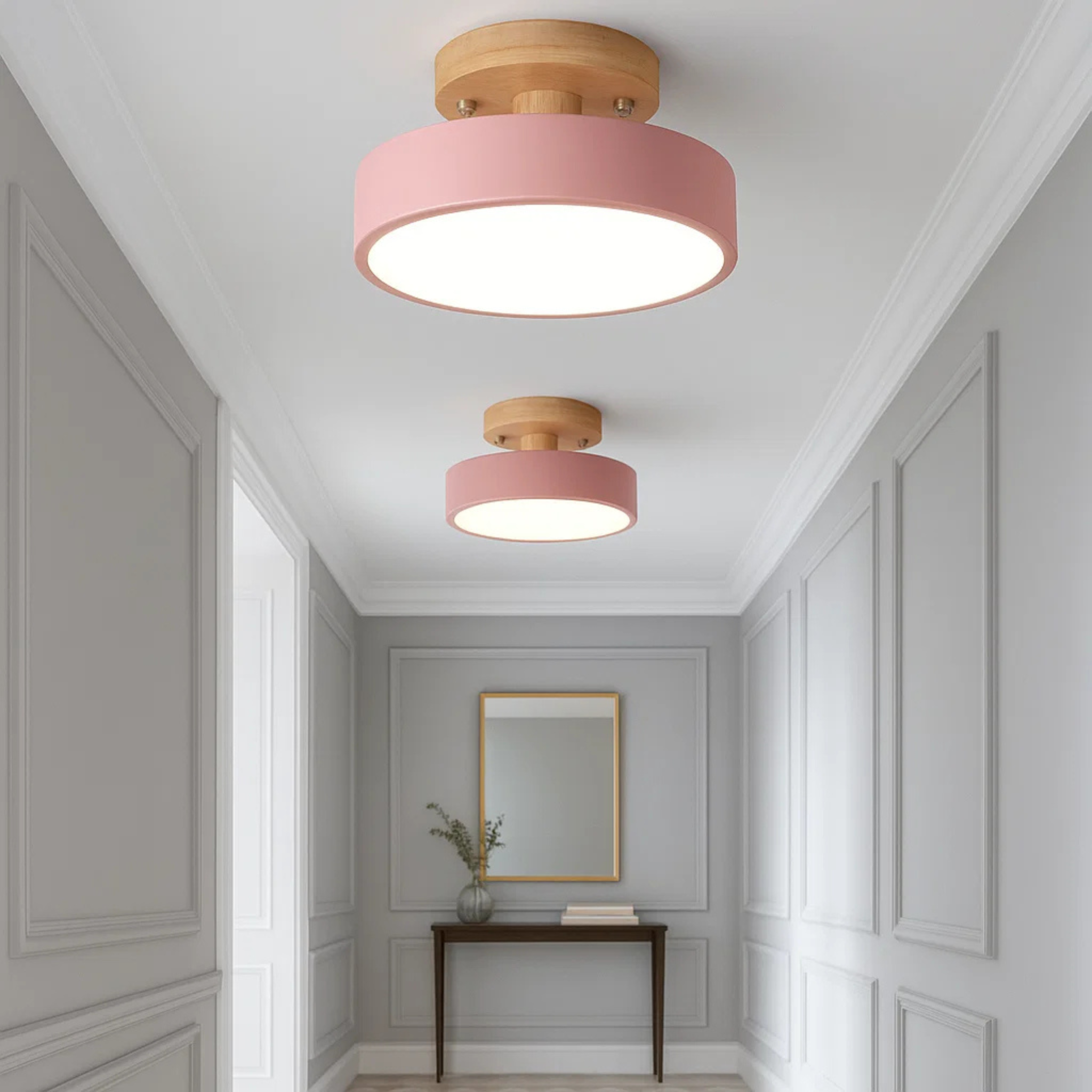 Scandinavian Ceiling Lamp with Low Iron Base and Wooden Drum Shade