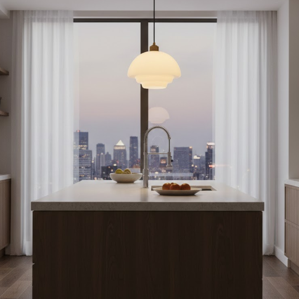 Witte glazen hanglamp in mid-centurystijl