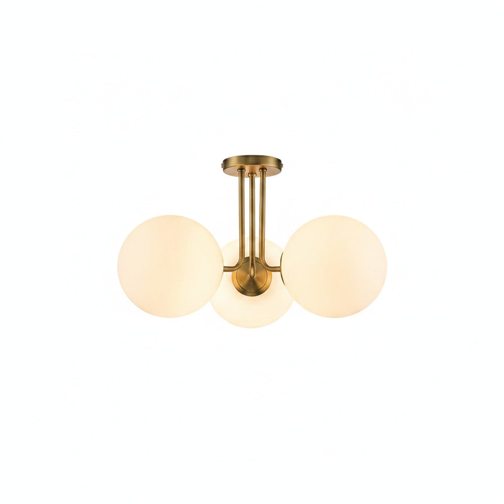 Brass Sputnik Semi Flush Mount with Frosted Opal Globes on white background