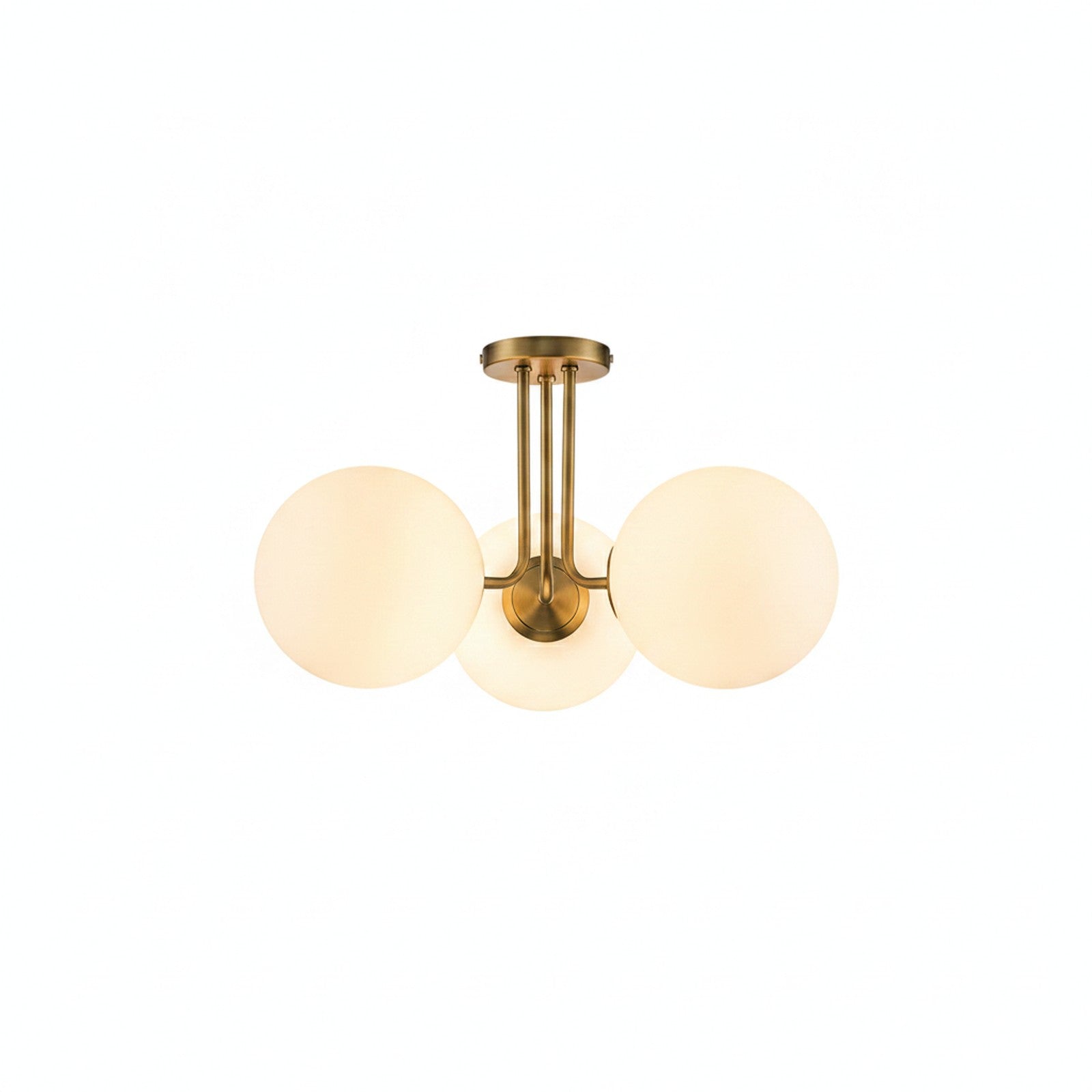 Brass Sputnik Semi Flush Mount with Frosted Opal Globes on white background