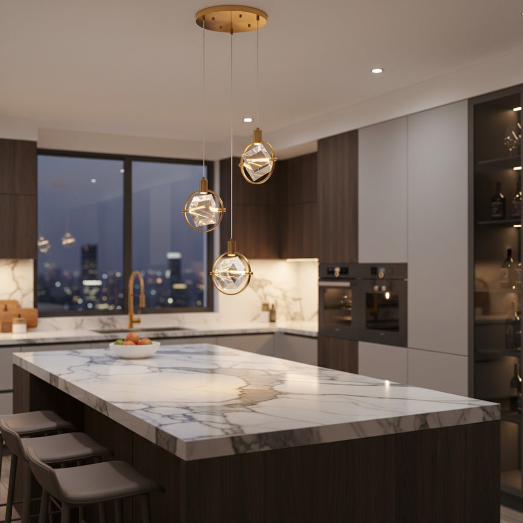 Hollywood Cube 3 Light Pendant Gold - Kitchen Island Lifestyle