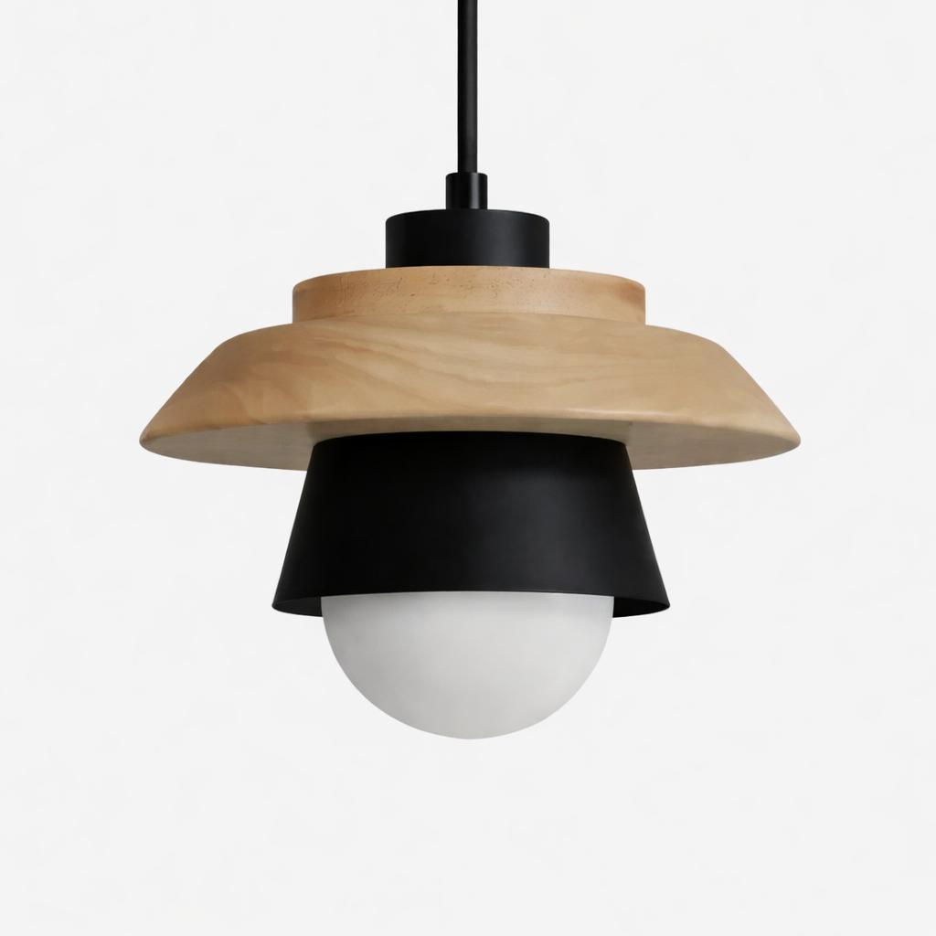 LED pendant lamp with wooden and metal accents