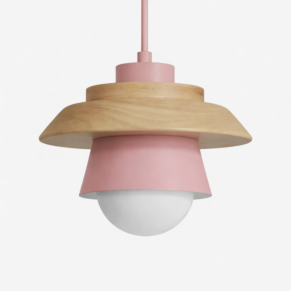 LED pendant lamp with wooden and metal accents