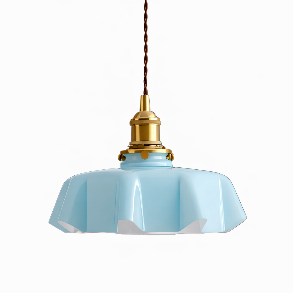 Cream-colored pendant lamp with flower-shaped glass shade