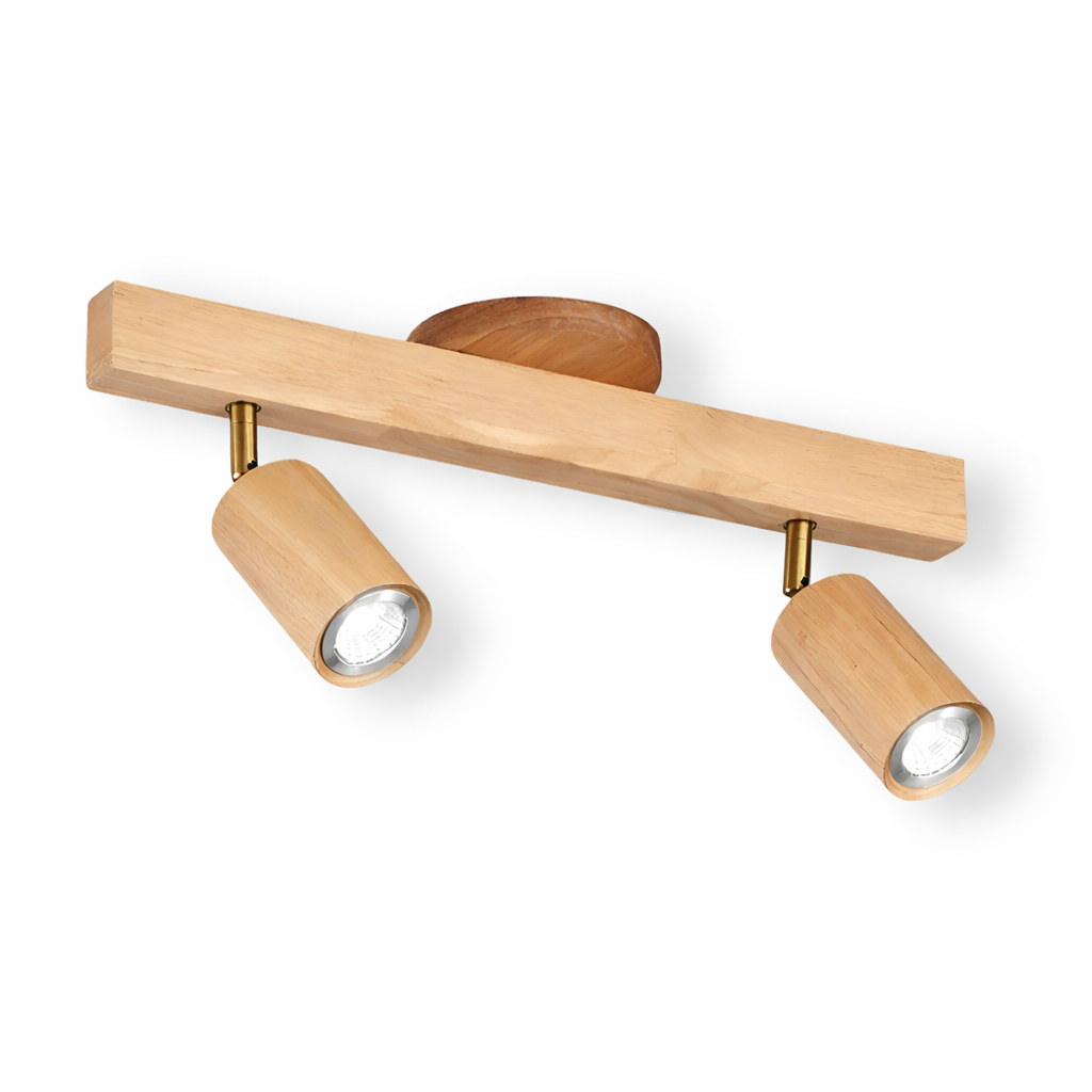 Cylindrical wooden LED spotlight for ceiling mounting