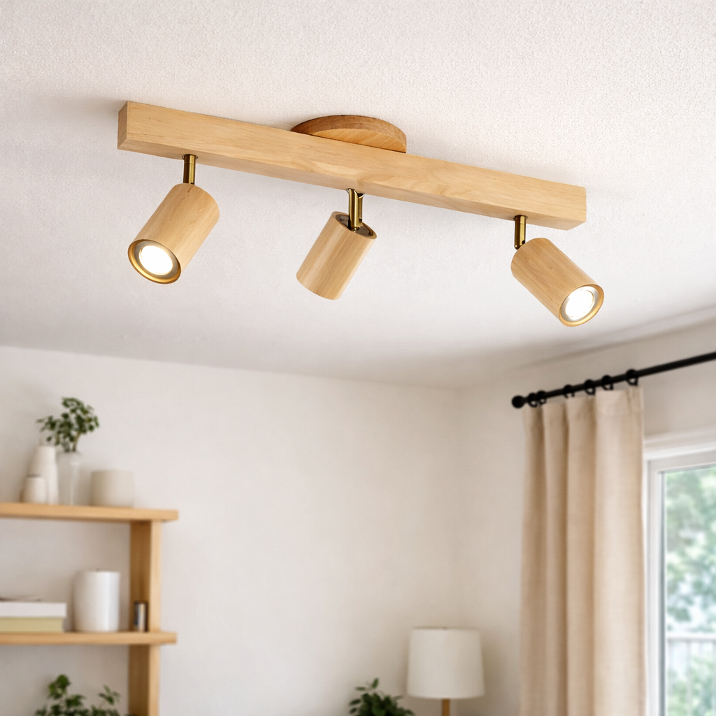 Cylindrical wooden LED spotlight for ceiling mounting