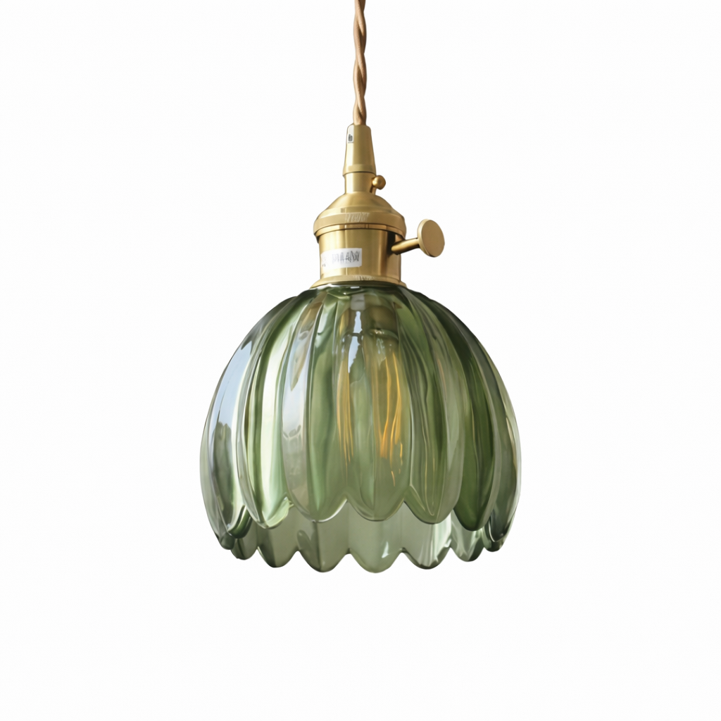 Retro Hanglamp met Koperen Frame en Bloemvormig Glas