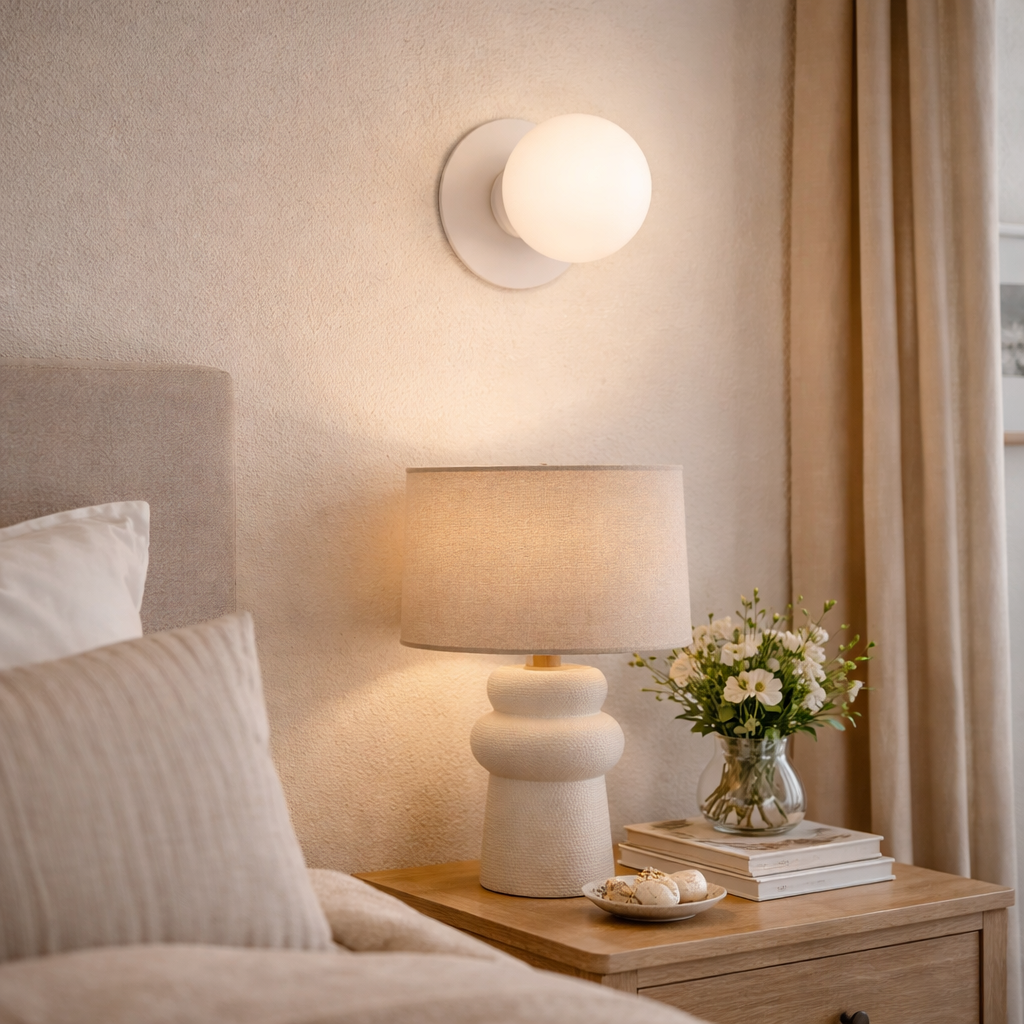 Round Wall Lamp With Opal Diffuser And White Base