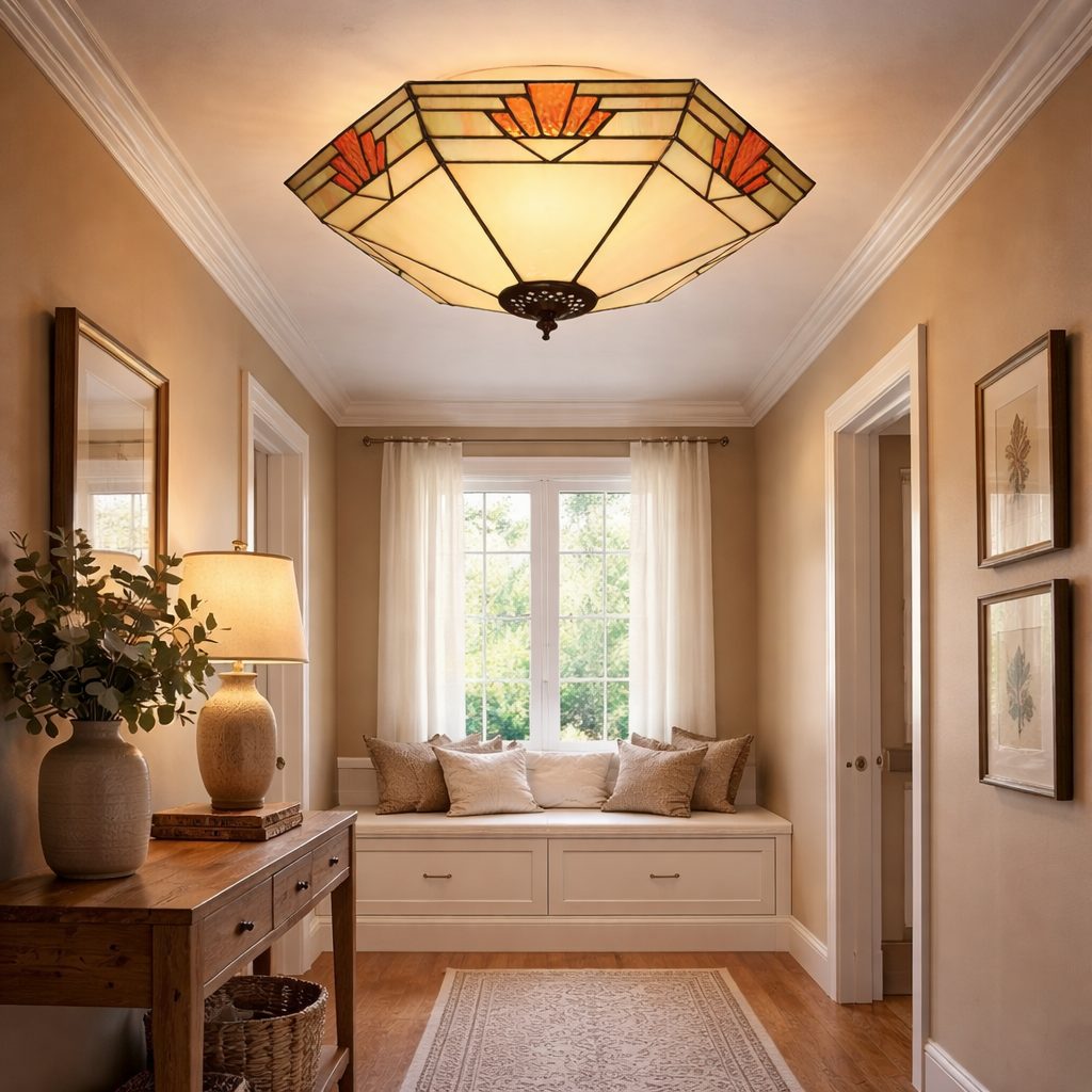 Loftlampe Med Farvet Glasmønster I Klassisk Stil