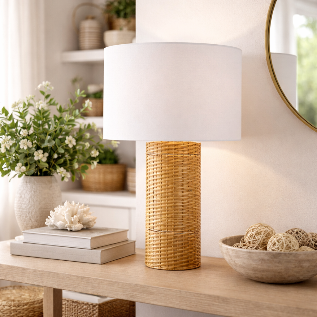 Grande lampe de table en rotin style bohème 65 cm