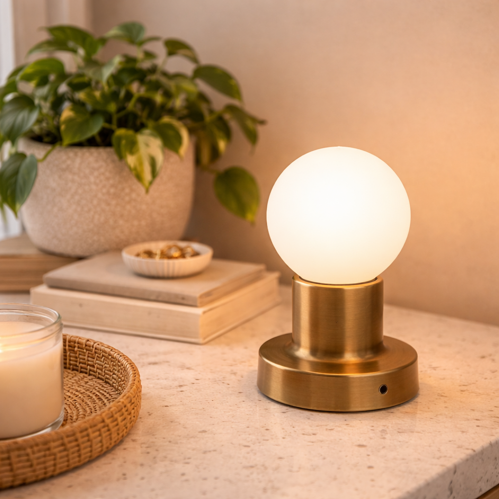 Genopladelig Bordlampe Med Messingfinish Og Opal Skærm