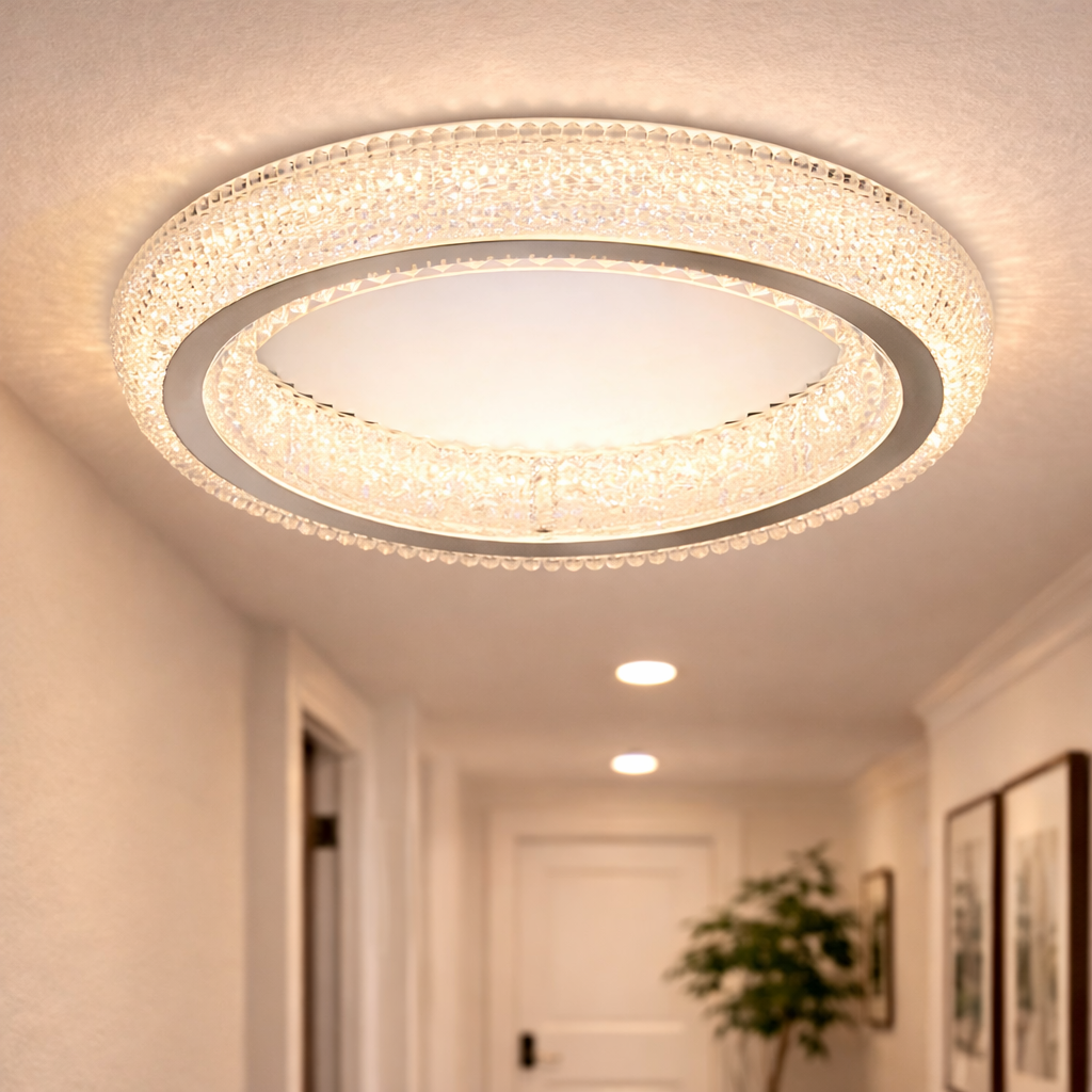 Loftlampe med krystaldetaljer og LED-belysning