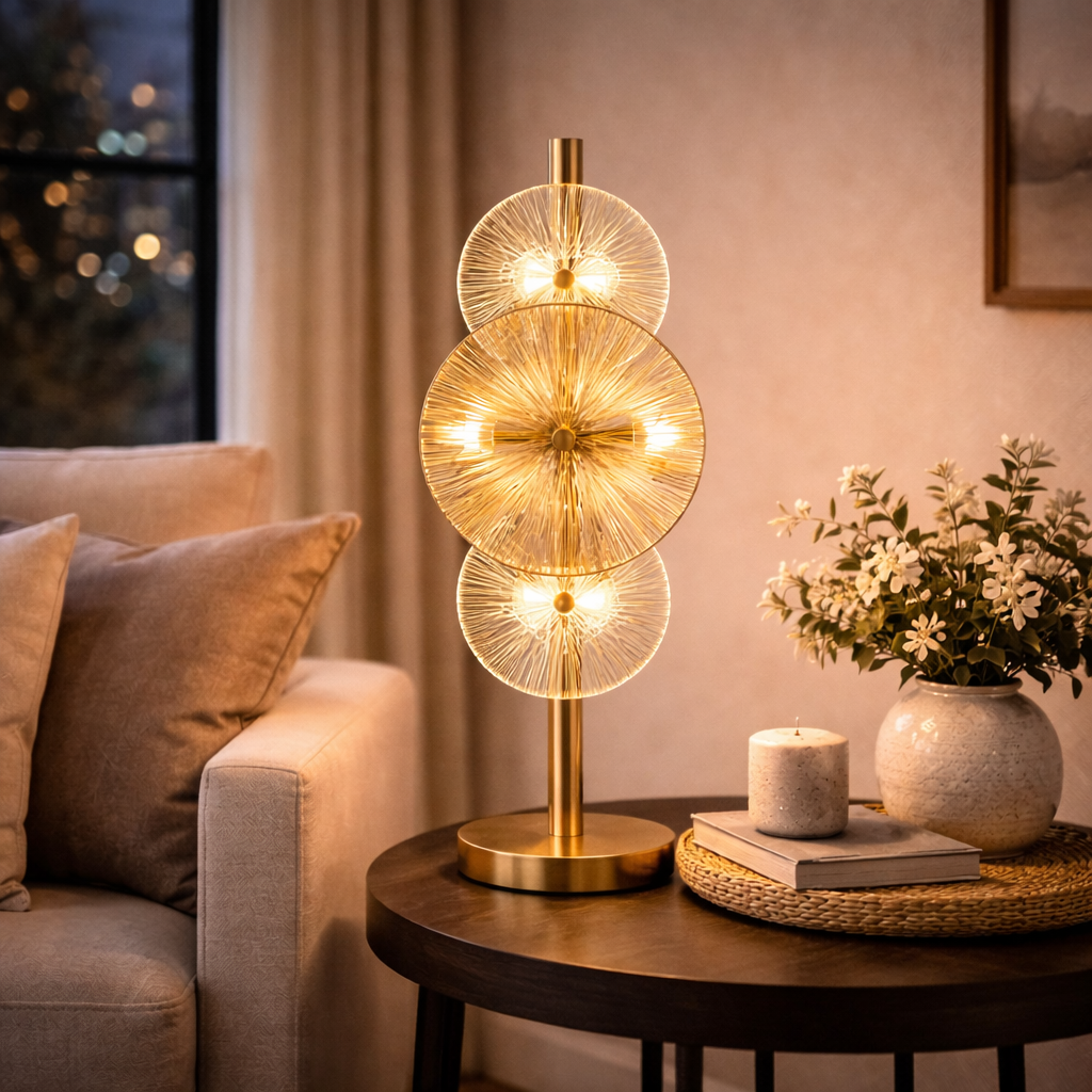 Lampe de table en forme de roue avec six points lumineux aux tons chauds