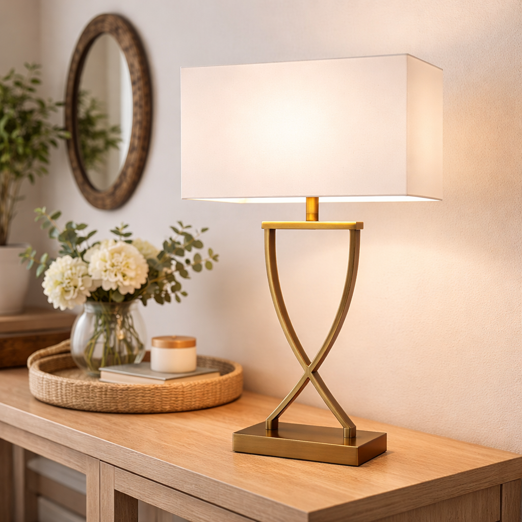 Klassisk bordlampe med messingbase og hvid skærm