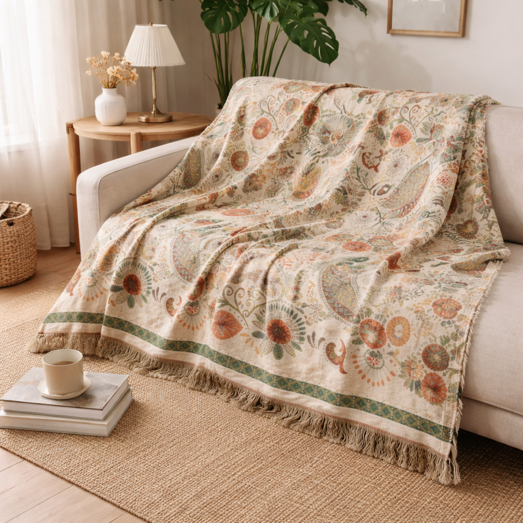 Reversible Throw Blanket with Autumn Leaf Pattern