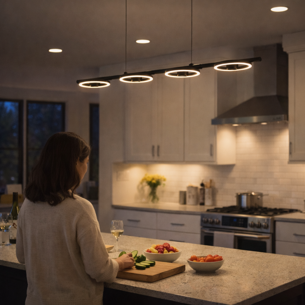 Suspension LED noire avec quatre points lumineux en forme linéaire
