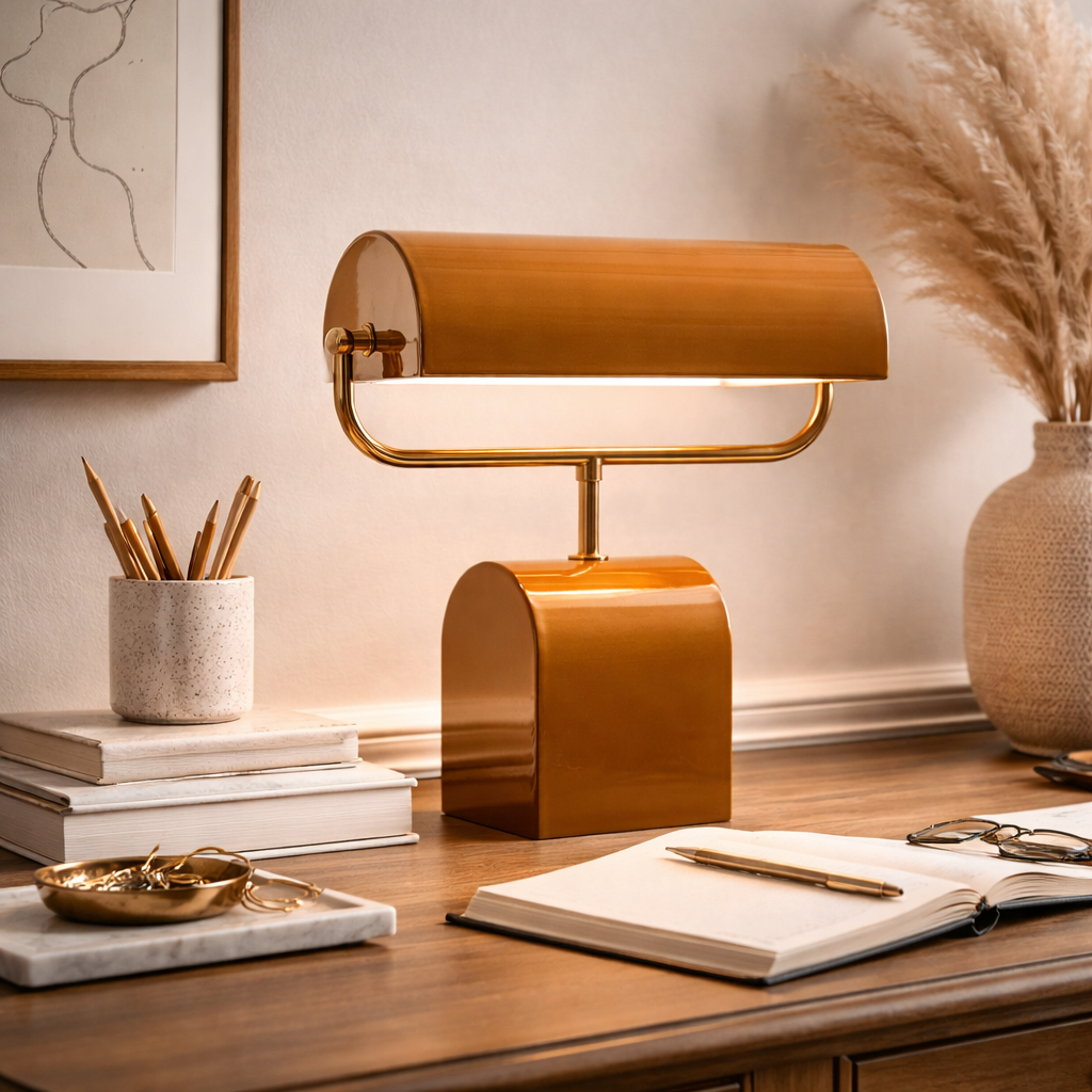 Tafellamp Met Emaille Afwerking In Caramelkleur