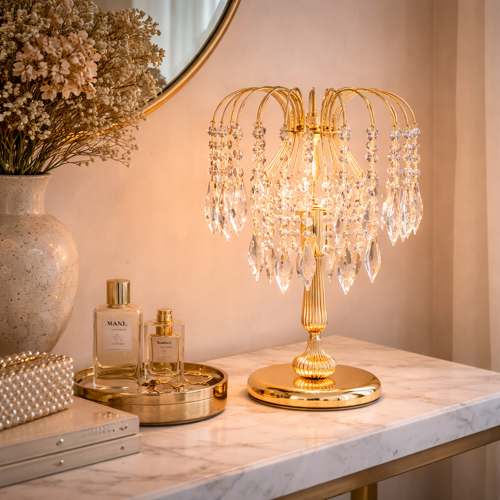 Bordlampe Med Krystalaccents Og Dekorativt Design