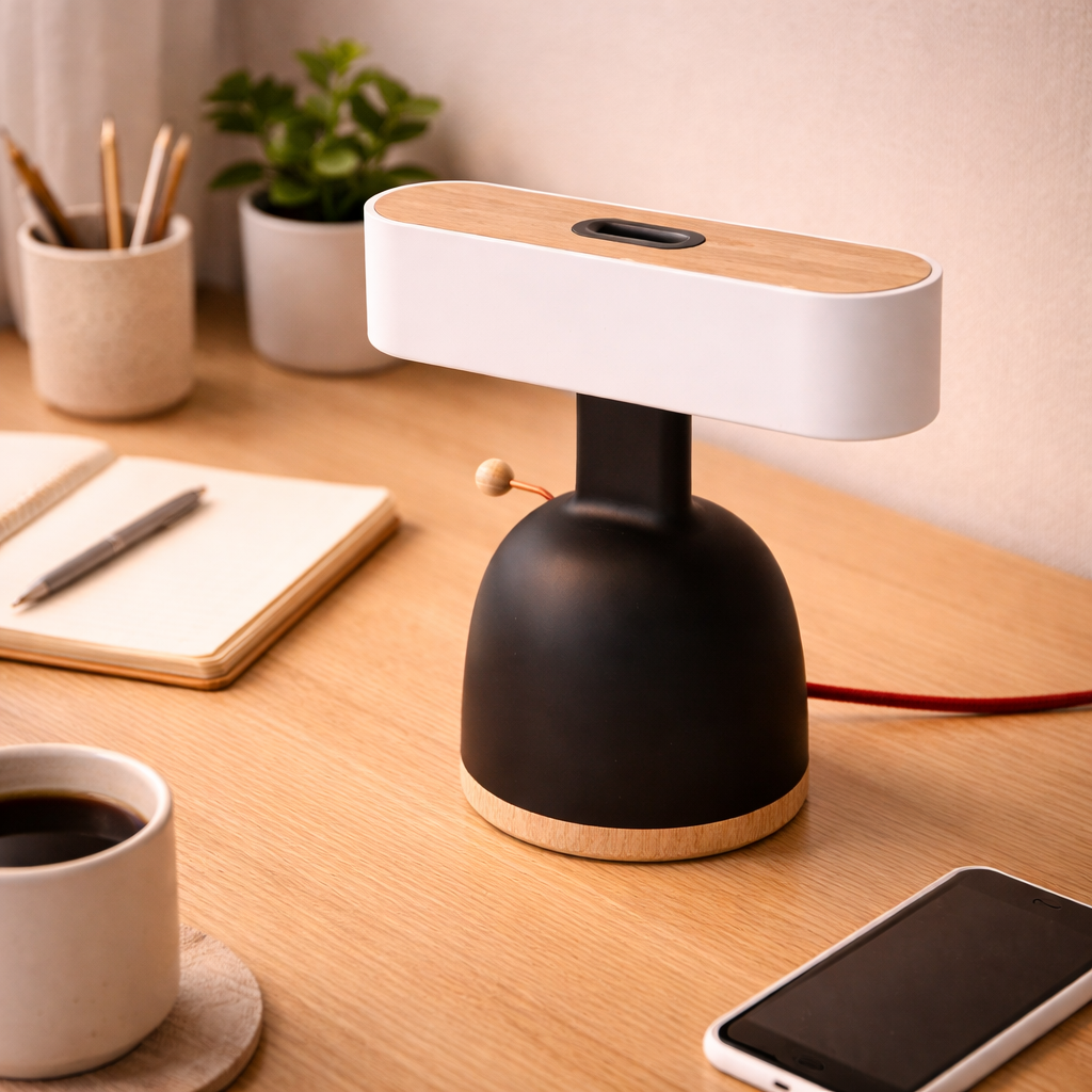 Lampe de table avec disque lumineux flottant et design minimaliste