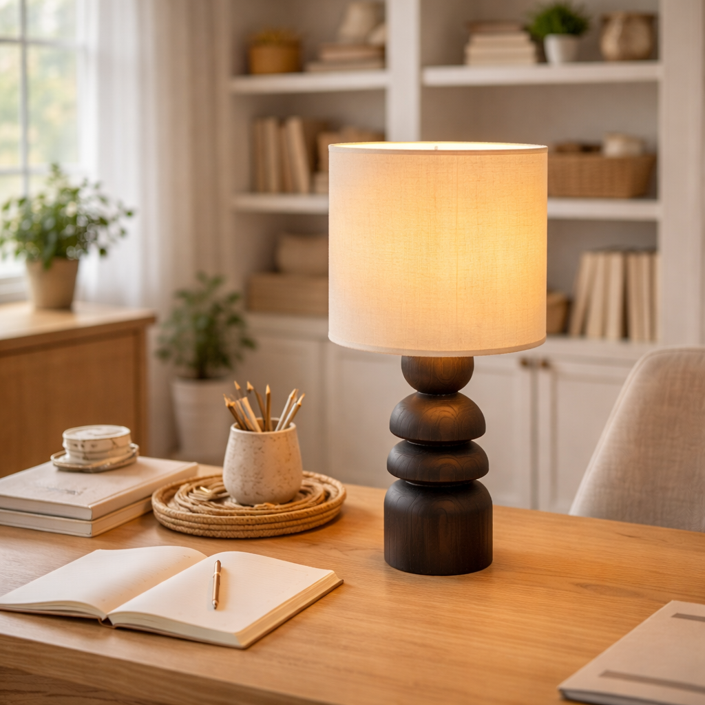 Bordlampe Med Mørk Træfod Og Klassisk Skærm
