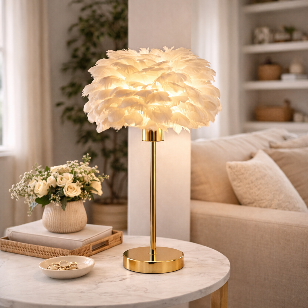 Table lamp with white feathers and golden base 60 cm