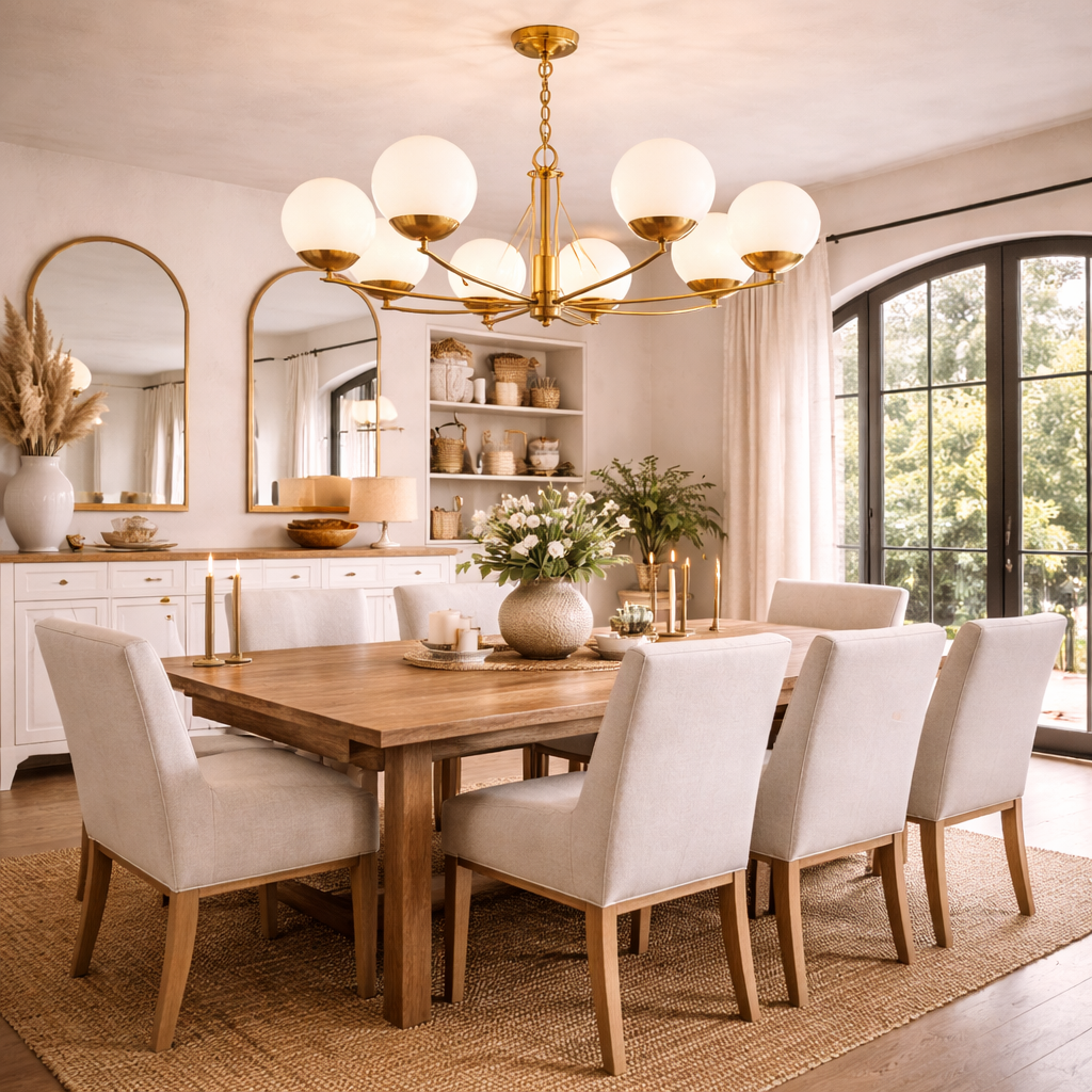 Suspension avec huit globes en verre et finition laiton
