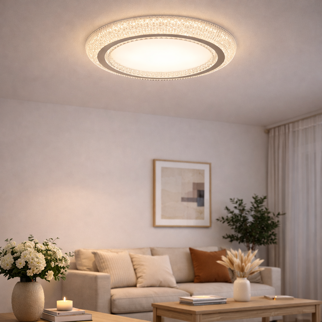 Loftlampe med krystaldetaljer og LED-belysning