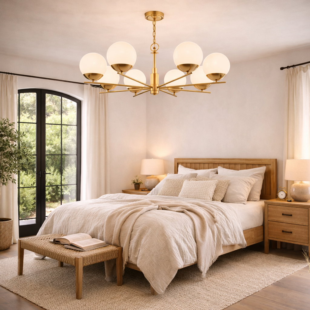 Suspension avec huit globes en verre et finition laiton