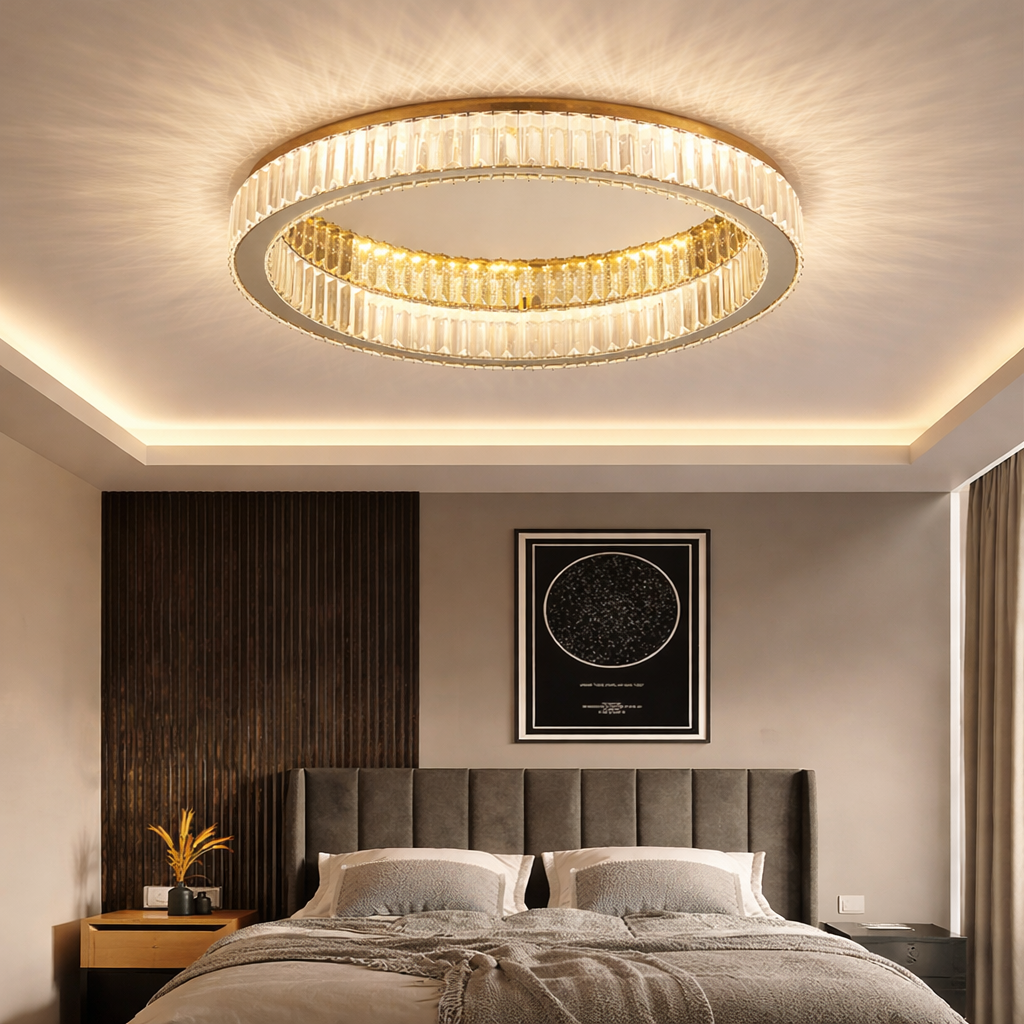 Rund loftlampe med guldfarvede krystalelementer