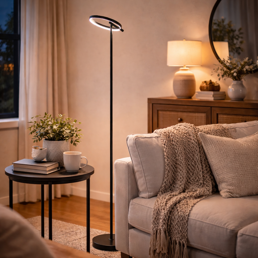 Schwarze LED-Stehleuchte mit moderner Lichtlinie