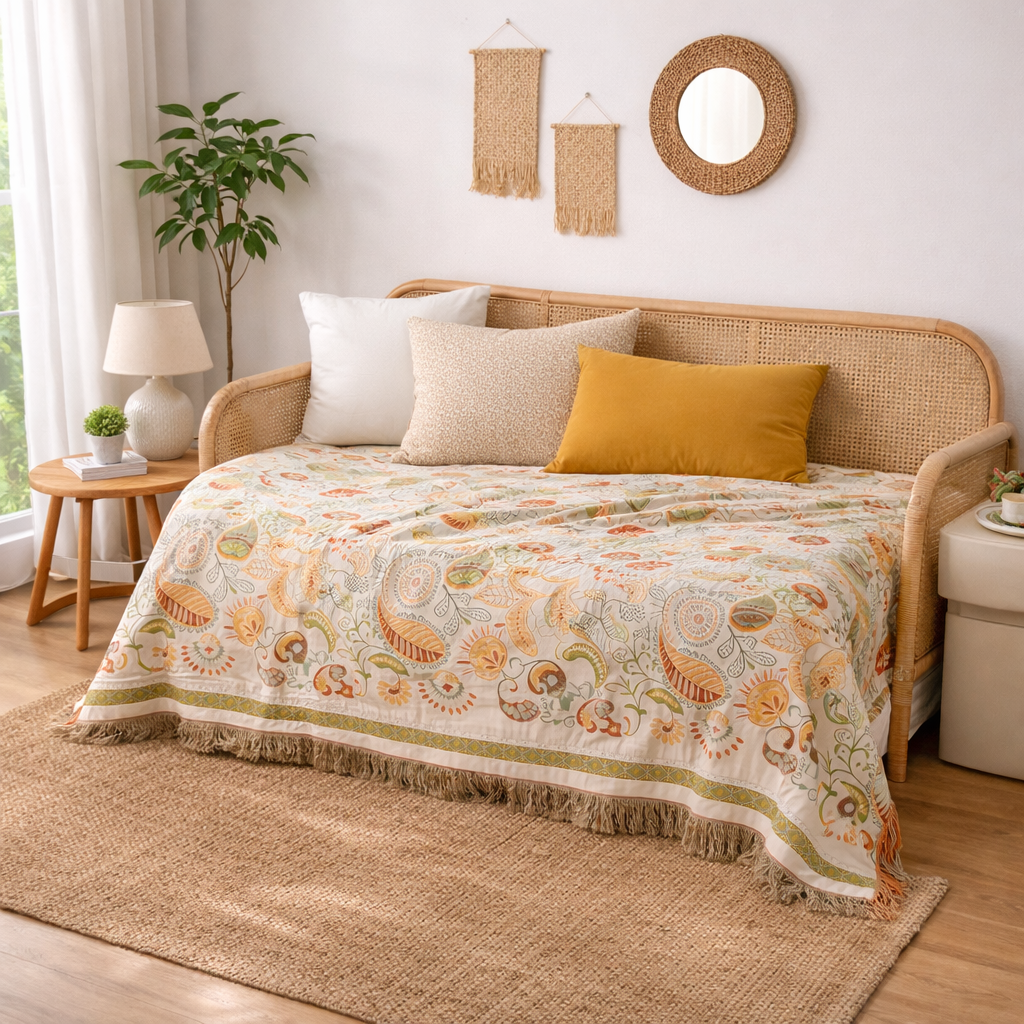 Reversible Throw Blanket with Autumn Leaf Pattern