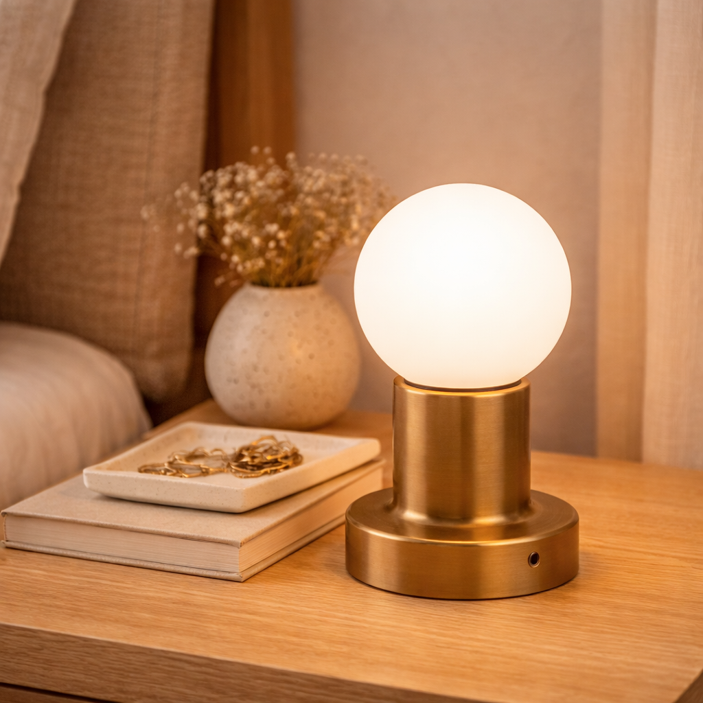 Genopladelig Bordlampe Med Messingfinish Og Opal Skærm