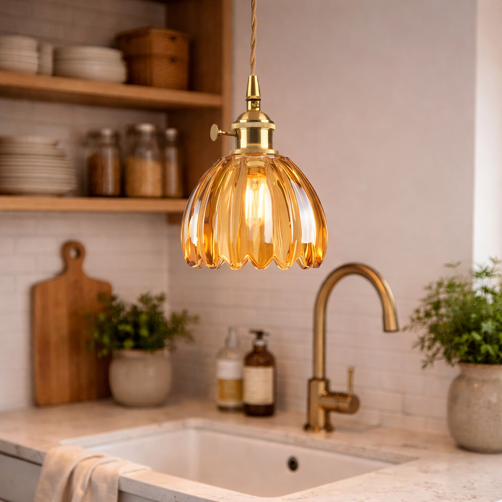 Retro Hanglamp met Koperen Frame en Bloemvormig Glas