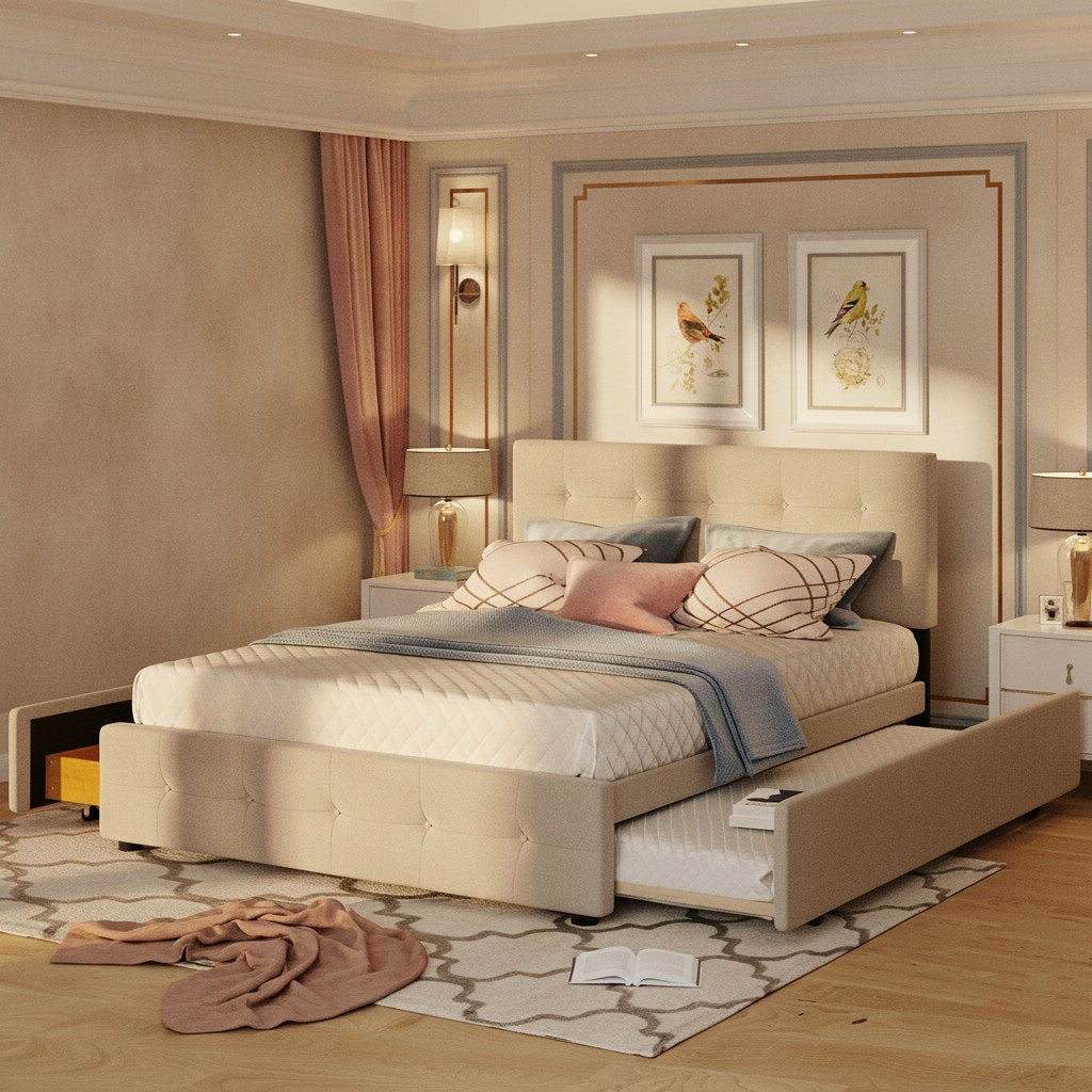 Saga Linen Queen Platform Bed Frame