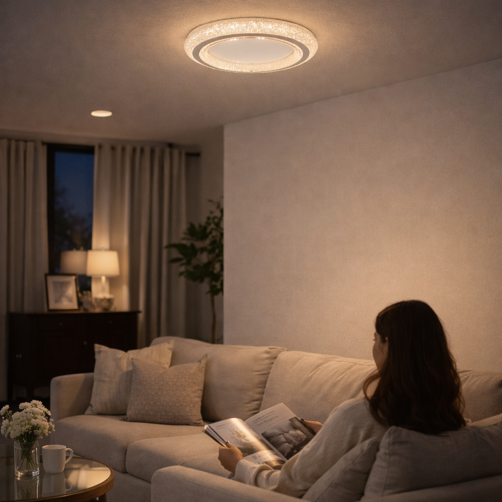 Loftlampe med krystaldetaljer og LED-belysning