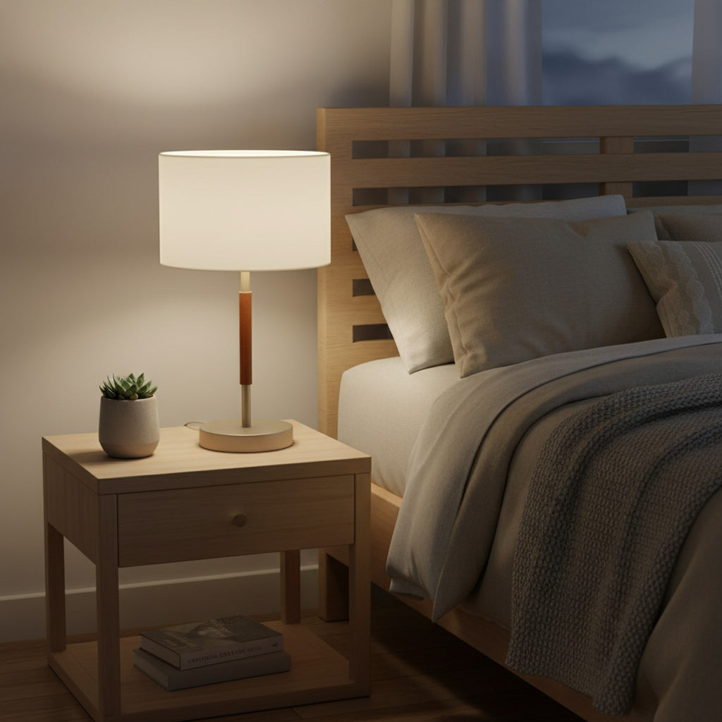 Aviva Table Lamp on bedside table in Scandinavian bedroom