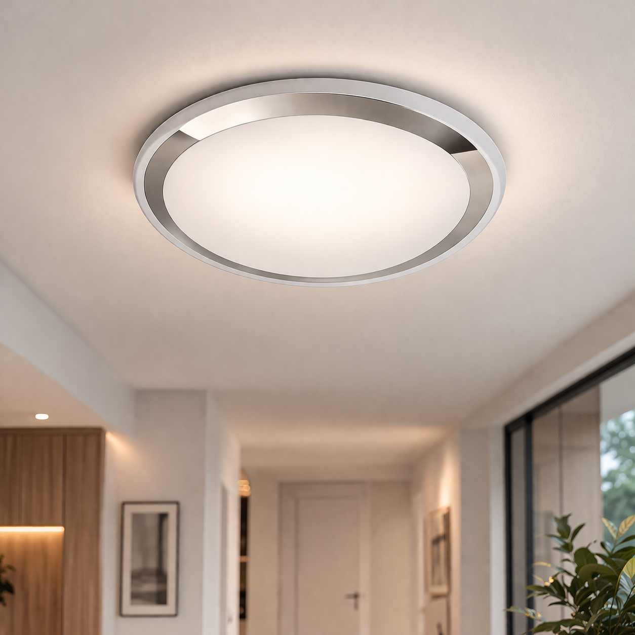Rund LED-loftlampe med kromfinish