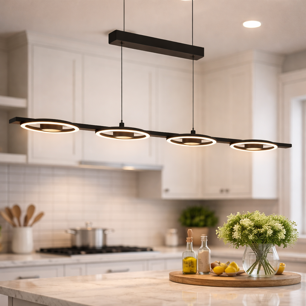 Suspension LED noire avec quatre points lumineux en forme linéaire